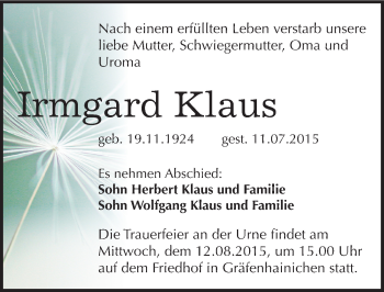 Traueranzeige von Irmgard Klaus von Mitteldeutsche Zeitung Wittenberg