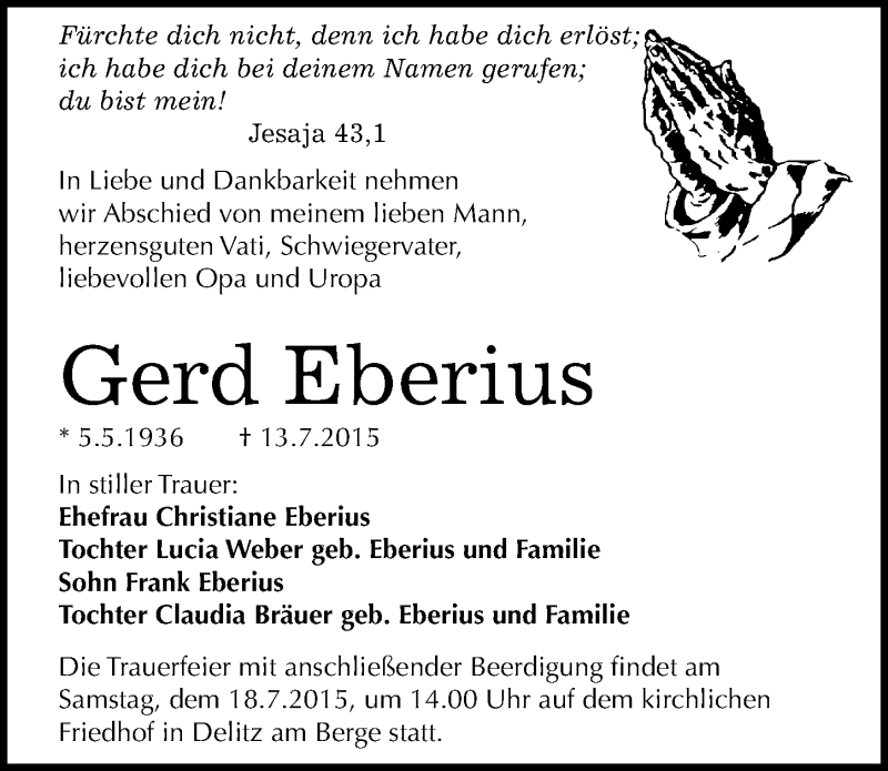  Traueranzeige für Gerd Eberius vom 15.07.2015 aus Mitteldeutsche Zeitung Merseburg/Querfurt