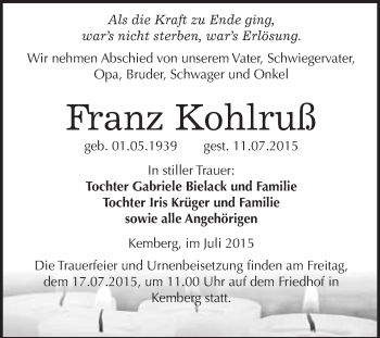 Traueranzeige von Franz Kohlruß von WVG - Wochenspiegel Wittenberg
