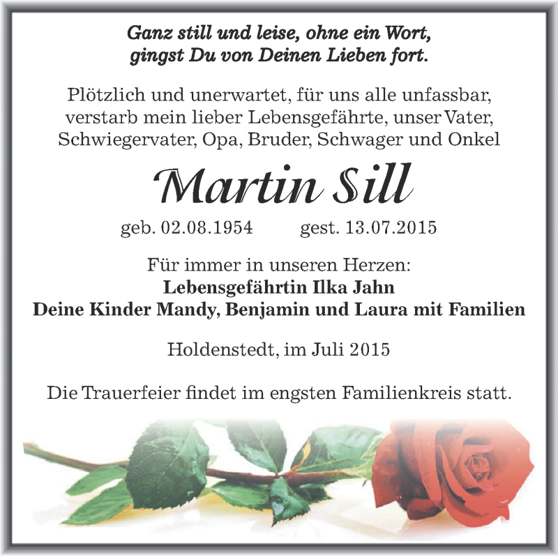  Traueranzeige für Martin Sill vom 22.07.2015 aus WVG - Wochenspiegel SGH