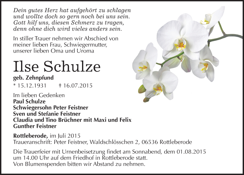  Traueranzeige für Ilse Schulze vom 25.07.2015 aus Mitteldeutsche Zeitung Sangerhausen