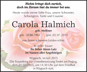 Traueranzeige von Carola Halmich von WVG - Wochenspiegel NMB / WSF / ZTZ