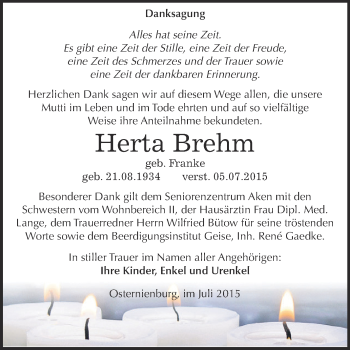 Traueranzeige von Herta Brehm von WVG - Wochenspiegel Dessau / Köthen