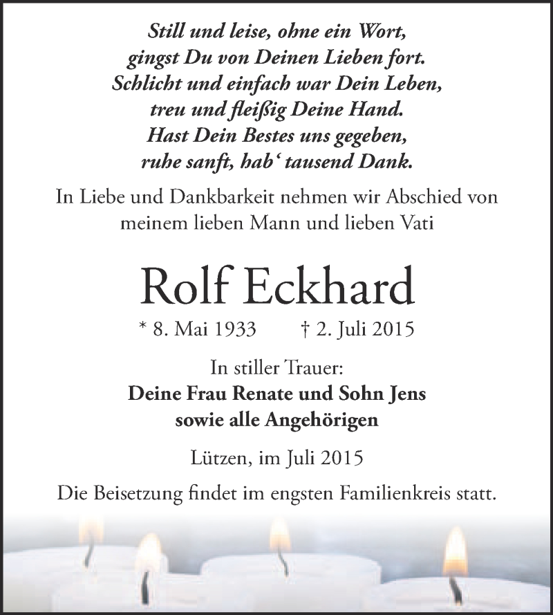  Traueranzeige für Rolf Eckhard vom 15.07.2015 aus Super Sonntag Merseburg