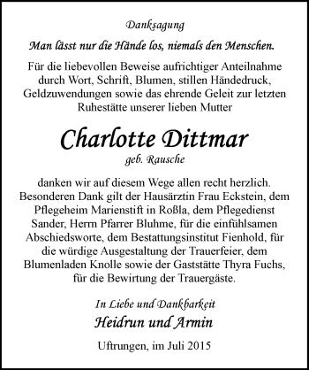 Traueranzeige von Charlotte Dittmar von Mitteldeutsche Zeitung Sangerhausen