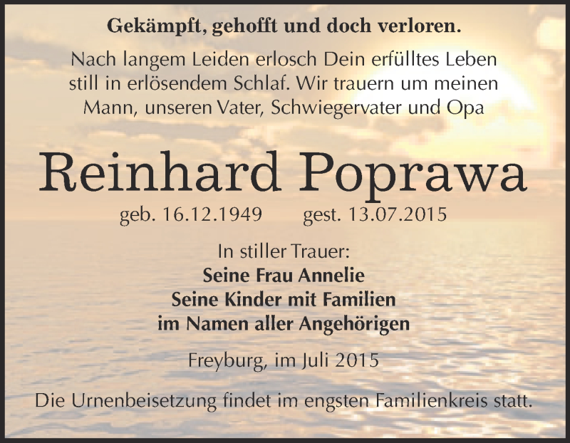  Traueranzeige für Reinhard Poprawa vom 22.07.2015 aus WVG - Wochenspiegel NMB / WSF / ZTZ