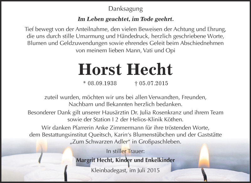  Traueranzeige für Horst Hecht vom 25.07.2015 aus WVG - Wochenspiegel Dessau / Köthen