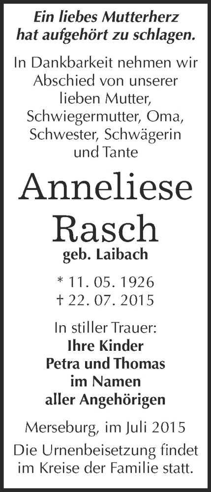  Traueranzeige für Anneliese Rasch vom 25.07.2015 aus WVG - Wochenspiegel Merseburg