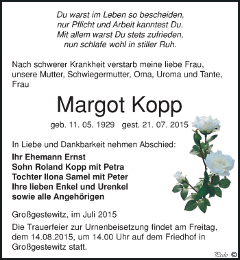 Traueranzeige von Margot Kopp von Mitteldeutsche Zeitung Naumburg/Nebra