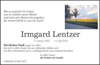 Traueranzeige von Irmgard Lentzer von WVG - Wochenspiegel NMB / WSF / ZTZ