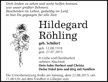 Traueranzeige von Hildegard Röhling von Mitteldeutsche Zeitung Halle/Saalkreis