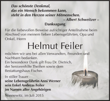 Traueranzeige von Helmut Feiler von Mitteldeutsche Zeitung Zeitz