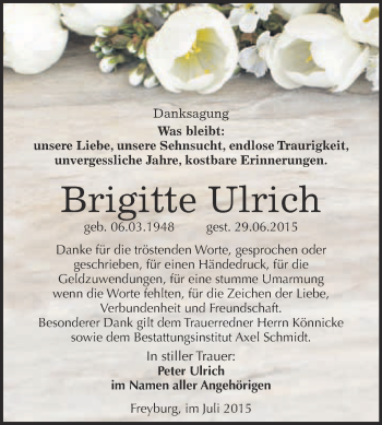 Traueranzeige von Brigitte Ulrich von WVG - Wochenspiegel NMB / WSF / ZTZ