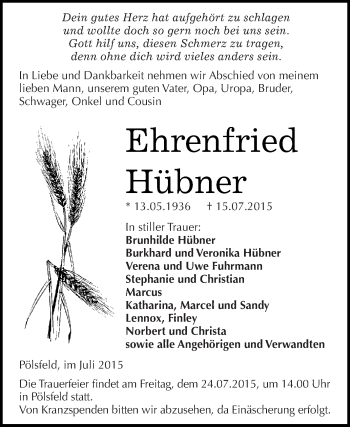 Traueranzeige von Ehrenfried Hübner von WVG - Wochenspiegel SGH