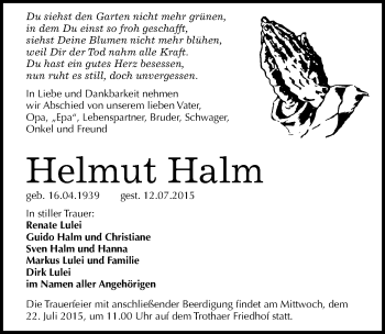 Traueranzeige von Helmut Halm von Mitteldeutsche Zeitung Halle/Saalkreis
