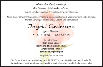 Traueranzeige von Ingrid Erdmann von Mitteldeutsche Zeitung Sangerhausen