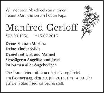 Traueranzeige von Manfred Gerloff von WVG - Wochenspiegel Merseburg