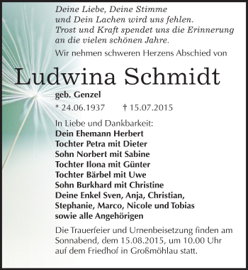 Traueranzeige von Ludwina Schmidt von Mitteldeutsche Zeitung Wittenberg