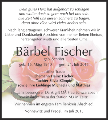 Traueranzeige von Bärbel Fischer von Super Sonntag Zeitz