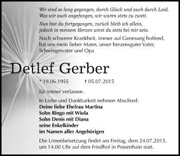 Traueranzeige von Detlef Gerber von Mitteldeutsche Zeitung Weißenfels