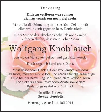 Traueranzeige von Wolfgang Knoblauch von WVG - Wochenspiegel NMB / WSF / ZTZ