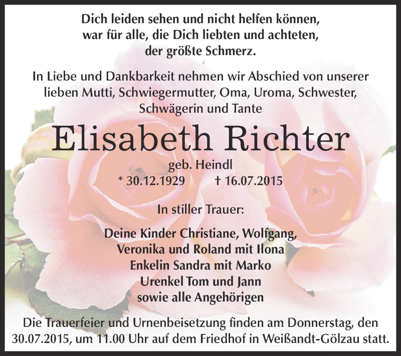  Traueranzeige für Elisabeth Richter vom 25.07.2015 aus WVG - Wochenspiegel Dessau / Köthen