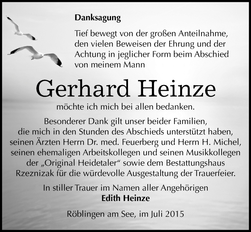  Traueranzeige für Gerhard Heinze vom 16.07.2015 aus Mitteldeutsche Zeitung Mansfelder Land