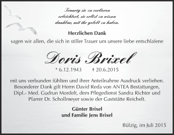 Traueranzeige von Doris Brixel von Super Sonntag Wittenberg