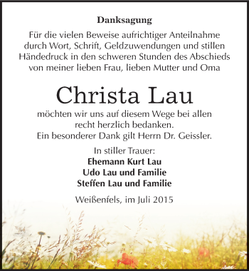 Traueranzeige von Christa Lau von Mitteldeutsche Zeitung Weißenfels