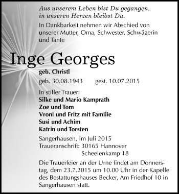 Traueranzeige von Inge Georges von Mitteldeutsche Zeitung Sangerhausen
