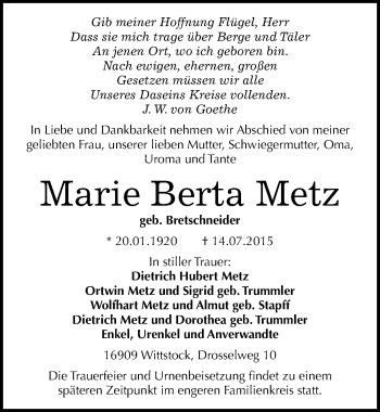 Traueranzeige von Marie Berta Metz von Mitteldeutsche Zeitung Naumburg/Nebra