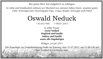 Traueranzeige von Oswald Neduck von Mitteldeutsche Zeitung Mansfelder Land