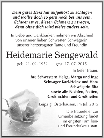 Traueranzeige von Heidemarie Sengewald von Wochenspiegel Mansfelder Land