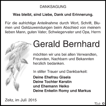 Traueranzeige von Gerald Bernhard von Super Sonntag Zeitz