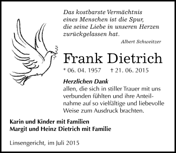 Traueranzeige von Frank Dietrich von Mitteldeutsche Zeitung Sangerhausen