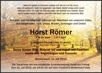 Traueranzeige von Horst Römer von Mitteldeutsche Zeitung Sangerhausen