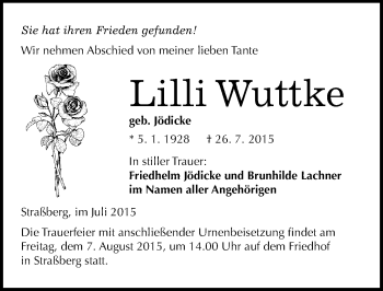 Traueranzeige von Lilli Wuttke von Mitteldeutsche Zeitung Sangerhausen