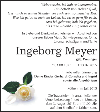 Traueranzeige von Ingeborg Meyer von WVG - Wochenspiegel Dessau / Köthen