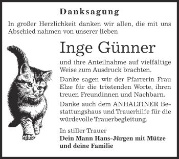 Traueranzeige von Inge Günner von WVG - Wochenspiegel Dessau / Köthen