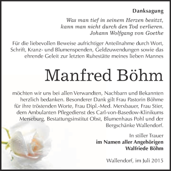 Traueranzeige von Manfred Böhm von WVG - Wochenspiegel Merseburg