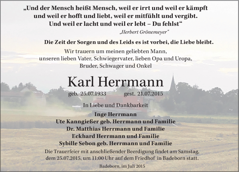  Traueranzeige für Karl Herrmann vom 23.07.2015 aus Mitteldeutsche Zeitung Quedlinburg