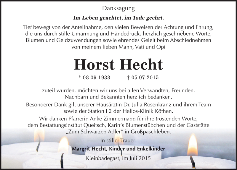  Traueranzeige für Horst Hecht vom 25.07.2015 aus Mitteldeutsche Zeitung Köthen