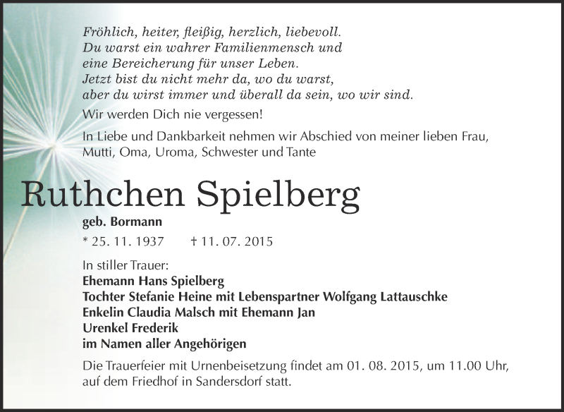  Traueranzeige für Ruthchen Spielberg vom 29.07.2015 aus WVG - Wochenspiegel Bitterfeld