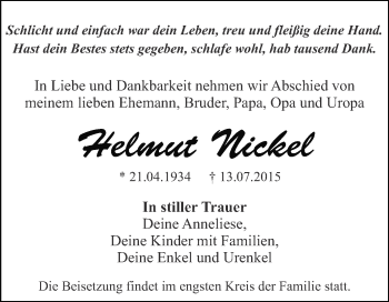 Traueranzeige von Helmut Nickel von WVG - Wochenspiegel Dessau / Köthen