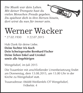 Traueranzeige von Werner Wacker von Super Sonntag Merseburg