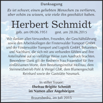 Traueranzeige von Herbert Schmidt von WVG - Wochenspiegel Merseburg