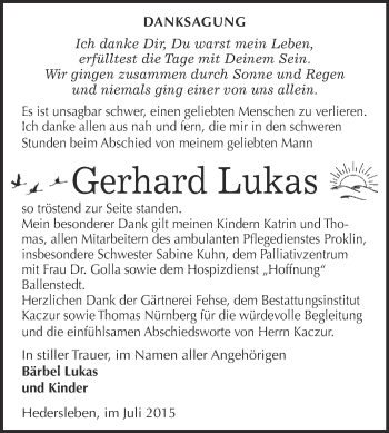 Traueranzeige von Gerhard Lukas von WVG - Wochenspiegel Quedlinburg