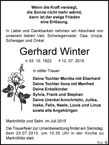 Traueranzeige von Gerhard Winter von WVG - Wochenspiegel NMB / WSF / ZTZ