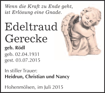 Traueranzeige von Edeltraud Gerecke von WVG - Wochenspiegel NMB / WSF / ZTZ