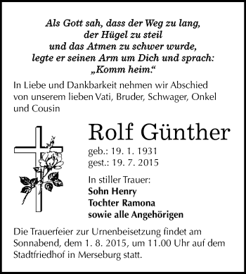 Traueranzeige von Rolf Günther von WVG - Wochenspiegel Merseburg